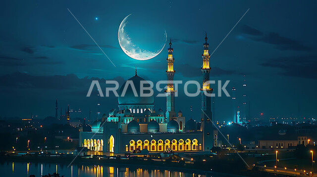  منظر الهلال في السماء، الفن الهندسي المعماري للمساجد، ديكورات وتصاميم متميزة على الطراز الاسلامي للقبب والمآذن المضيئة ليلا، مسجد عربي فاخر، العبادة والتقرب إلى الله، آداء الفرائض والصلوات، خلفيات دينية رمضانية