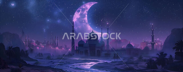 The view of the crescent moon in the sky, the architectural art of mosques, distinct Islamic-style decorations and designs for domes and minarets illuminated at night, a luxurious Arab mosque, worship and getting closer to God, performing obligatory prayers and prayers, Ramadan religious backgrounds