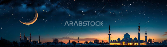  منظر الهلال في السماء، الفن الهندسي المعماري للمساجد، ديكورات وتصاميم متميزة على الطراز الاسلامي للقبب والمآذن المضيئة ليلا، مسجد عربي فاخر، العبادة والتقرب إلى الله، آداء الفرائض والصلوات، خلفيات دينية رمضانية