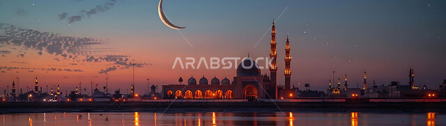  منظر الهلال في السماء، الفن الهندسي المعماري للمساجد، ديكورات وتصاميم متميزة على الطراز الاسلامي للقبب والمآذن المضيئة ليلا، مسجد عربي فاخر، العبادة والتقرب إلى الله، آداء الفرائض والصلوات، خلفيات دينية رمضانية