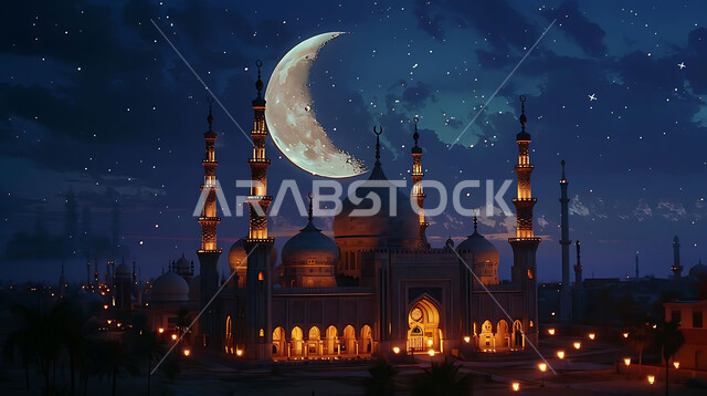  منظر الهلال في السماء، الفن الهندسي المعماري للمساجد، ديكورات وتصاميم متميزة على الطراز الاسلامي للقبب والمآذن المضيئة ليلا، مسجد عربي فاخر، العبادة والتقرب إلى الله، آداء الفرائض والصلوات، خلفيات دينية رمضانية