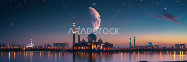  منظر الهلال في السماء، الفن الهندسي المعماري للمساجد، ديكورات وتصاميم متميزة على الطراز الاسلامي للقبب والمآذن المضيئة ليلا، مسجد عربي فاخر، العبادة والتقرب إلى الله، آداء الفرائض والصلوات، خلفيات دينية رمضانية