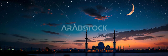  منظر الهلال في السماء، الفن الهندسي المعماري للمساجد، ديكورات وتصاميم متميزة على الطراز الاسلامي للقبب والمآذن المضيئة ليلا، مسجد عربي فاخر، العبادة والتقرب إلى الله، آداء الفرائض والصلوات، خلفيات دينية رمضانية