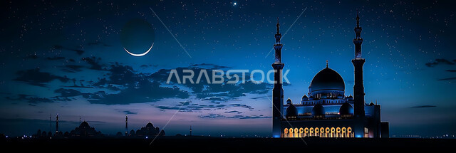  منظر الهلال في السماء، الفن الهندسي المعماري للمساجد، ديكورات وتصاميم متميزة على الطراز الاسلامي للقبب والمآذن المضيئة ليلا، مسجد عربي فاخر، العبادة والتقرب إلى الله، آداء الفرائض والصلوات، خلفيات دينية رمضانية