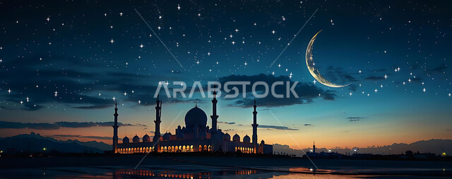  منظر الهلال في السماء، الفن الهندسي المعماري للمساجد، ديكورات وتصاميم متميزة على الطراز الاسلامي للقبب والمآذن المضيئة ليلا، مسجد عربي فاخر، العبادة والتقرب إلى الله، آداء الفرائض والصلوات، خلفيات دينية رمضانية