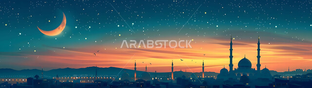  منظر الهلال في السماء، الفن الهندسي المعماري للمساجد، ديكورات وتصاميم متميزة على الطراز الاسلامي للقبب والمآذن المضيئة ليلا، مسجد عربي فاخر، العبادة والتقرب إلى الله، آداء الفرائض والصلوات، خلفيات دينية رمضانية
