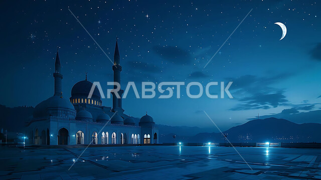  منظر الهلال في السماء، الفن الهندسي المعماري للمساجد، ديكورات وتصاميم متميزة على الطراز الاسلامي للقبب والمآذن المضيئة ليلا، مسجد عربي فاخر، العبادة والتقرب إلى الله، آداء الفرائض والصلوات، خلفيات دينية رمضانية