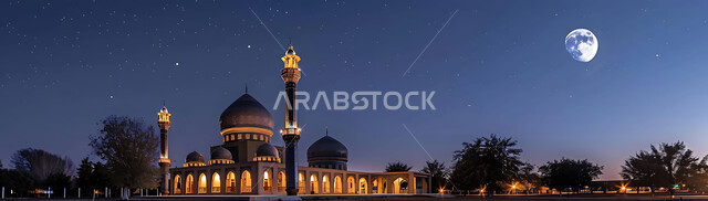 العبادة والتقرب إلى الله تعالى، منظر القمر المضيء في السماء، قدوم شهر الخير، تصاميم توضيحية ثلاثية الابعاد للمآذن والقبب المزخرفه للمساجد الإسلامية، الديكورات والتصاميم الهندسية المميزة في رمضان المبارك، زينة الاعياد والمناسبات الدينية