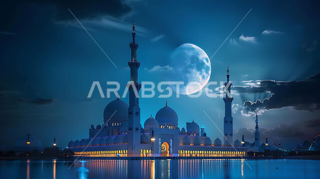 العبادة والتقرب إلى الله تعالى، منظر القمر المضيء في السماء، قدوم شهر الخير، تصاميم توضيحية ثلاثية الابعاد للمآذن والقبب المزخرفه للمساجد الإسلامية، الديكورات والتصاميم الهندسية المميزة في رمضان المبارك، زينة الاعياد والمناسبات الدينية