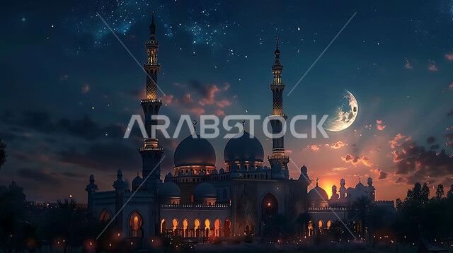 العبادة والتقرب إلى الله تعالى، منظر القمر المضيء في السماء، قدوم شهر الخير، تصاميم توضيحية ثلاثية الابعاد للمآذن والقبب المزخرفه للمساجد الإسلامية، الديكورات والتصاميم الهندسية المميزة في رمضان المبارك، زينة الاعياد والمناسبات الدينية