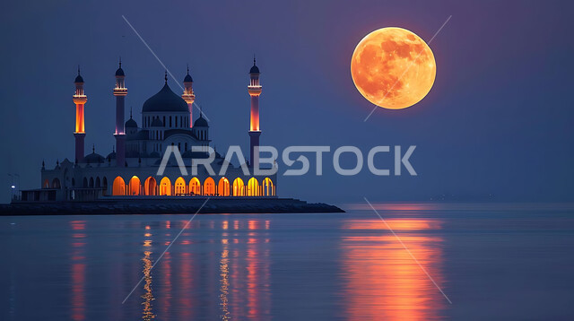 العبادة والتقرب إلى الله تعالى، منظر القمر المضيء في السماء، قدوم شهر الخير، تصاميم توضيحية ثلاثية الابعاد للمآذن والقبب المزخرفه للمساجد الإسلامية، الديكورات والتصاميم الهندسية المميزة في رمضان المبارك، زينة الاعياد والمناسبات الدينية