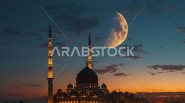 العبادة والتقرب إلى الله تعالى، منظر القمر المضيء في السماء، قدوم شهر الخير، تصاميم توضيحية ثلاثية الابعاد للمآذن والقبب المزخرفه للمساجد الإسلامية، الديكورات والتصاميم الهندسية المميزة في رمضان المبارك، زينة الاعياد والمناسبات الدينية