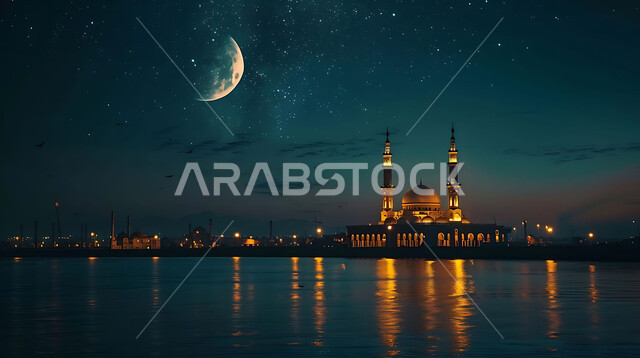 العبادة والتقرب إلى الله تعالى، منظر القمر المضيء في السماء، قدوم شهر الخير، تصاميم توضيحية ثلاثية الابعاد للمآذن والقبب المزخرفه للمساجد الإسلامية، الديكورات والتصاميم الهندسية المميزة في رمضان المبارك، زينة الاعياد والمناسبات الدينية