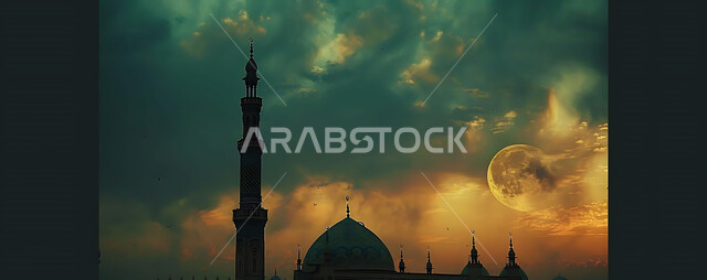 العبادة والتقرب إلى الله تعالى، منظر القمر المضيء في السماء، قدوم شهر الخير، تصاميم توضيحية ثلاثية الابعاد للمآذن والقبب المزخرفه للمساجد الإسلامية، الديكورات والتصاميم الهندسية المميزة في رمضان المبارك، زينة الاعياد والمناسبات الدينية