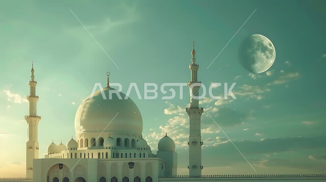 العبادة والتقرب إلى الله تعالى، منظر القمر المضيء في السماء، قدوم شهر الخير، تصاميم توضيحية ثلاثية الابعاد للمآذن والقبب المزخرفه للمساجد الإسلامية، الديكورات والتصاميم الهندسية المميزة في رمضان المبارك، زينة الاعياد والمناسبات الدينية