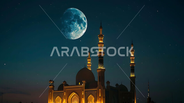 العبادة والتقرب إلى الله تعالى، منظر القمر المضيء في السماء، قدوم شهر الخير، تصاميم توضيحية ثلاثية الابعاد للمآذن والقبب المزخرفه للمساجد الإسلامية، الديكورات والتصاميم الهندسية المميزة في رمضان المبارك، زينة الاعياد والمناسبات الدينية