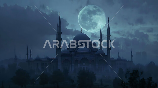 العبادة والتقرب إلى الله تعالى، منظر القمر المضيء في السماء، قدوم شهر الخير، تصاميم توضيحية ثلاثية الابعاد للمآذن والقبب المزخرفه للمساجد الإسلامية، الديكورات والتصاميم الهندسية المميزة في رمضان المبارك، زينة الاعياد والمناسبات الدينية