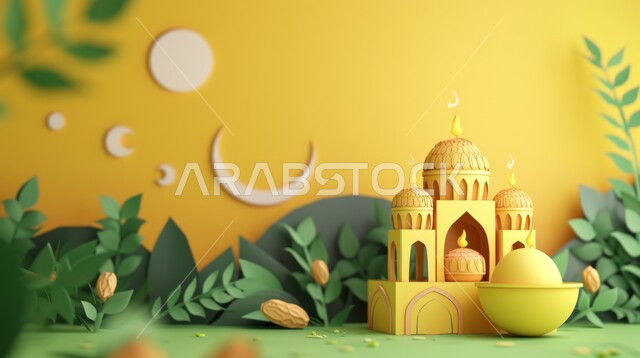 تصاميم توضيحية ثلاثية الابعاد للمآذن والقبب للمساجد الإسلامية مع حبات التمر، الديكورات والتصاميم الهندسية المميزة في رمضان المبارك، زينة الاعياد والمناسبات الدينية، قدوم شهر الخير, مفهوم العبادة والتقرب إلى الله تعالى، خلفية صفراء