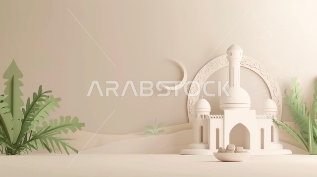 مفهوم العبادة والتقرب إلى الله تعالى، زينة الاعياد والمناسبات الدينية، تصاميم توضيحية ثلاثية الابعاد للمآذن والقبب للمساجد الإسلامية مع حبات التمر، الديكورات والتصاميم الهندسية المميزة في رمضان المبارك، قدوم شهر الخير, خلفية بيضاء
