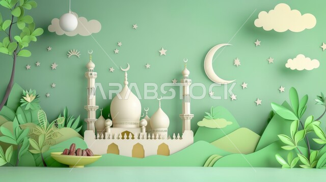 الاستعداد لقدوم شهر الخير, الديكورات والتصاميم الهندسية المميزة في رمضان المبارك، مفهوم العبادة والتقرب إلى الله تعالى، زينة الاعياد والمناسبات الدينية، تصاميم توضيحية ثلاثية الابعاد للمآذن والقبب للمساجد الإسلامية مع حبات التمر، خلفية خضراء