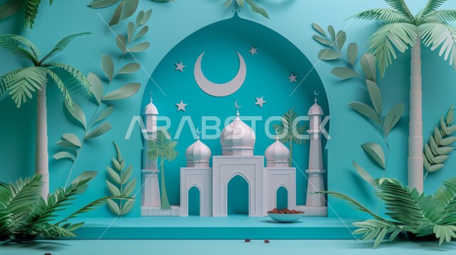 Distinctive geometric designs and decorations in the blessed Ramadan, the concept of worship and closeness to God Almighty, decorations for holidays and religious occasions, three-dimensional illustrative designs for minarets and domes of Islamic mosques with dates, the arrival of the month of goodness, blue background
