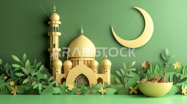 الاستعداد لقدوم شهر الخير, الديكورات والتصاميم الهندسية المميزة في رمضان المبارك، مفهوم العبادة والتقرب إلى الله تعالى، زينة الاعياد والمناسبات الدينية، تصاميم توضيحية ثلاثية الابعاد للمآذن والقبب للمساجد الإسلامية مع حبات التمر، خلفية خضراء