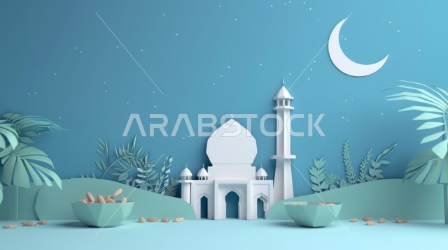 التصاميم و الديكورات الهندسية المميزة في رمضان المبارك، مفهوم العبادة والتقرب إلى الله تعالى، زينة الاعياد والمناسبات الدينية، تصاميم توضيحية ثلاثية الابعاد للمآذن والقبب للمساجد الإسلامية مع حبات التمر، قدوم شهر الخير, خلفية زرقاء
