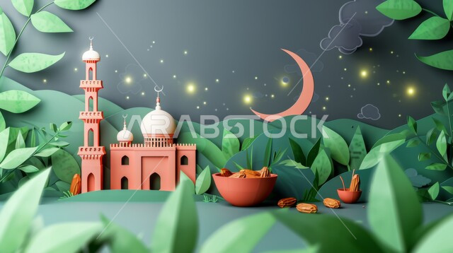 الديكورات والتصاميم الهندسية المميزة في رمضان المبارك، مفهوم العبادة والتقرب إلى الله تعالى، زينة الاعياد والمناسبات الدينية، تصاميم توضيحية ثلاثية الابعاد للمآذن والقبب للمساجد الإسلامية مع حبات التمر،قدوم شهر الخير, خلفية خضراء