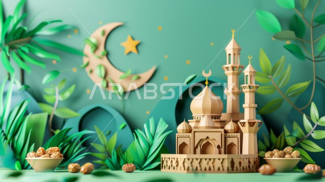 Distinctive decorations and geometric designs in the blessed Ramadan, the concept of worship and closeness to God Almighty, decorations for holidays and religious occasions, three-dimensional illustrative designs for minarets and domes of Islamic mosques with dates, the arrival of the month of goodness, green background