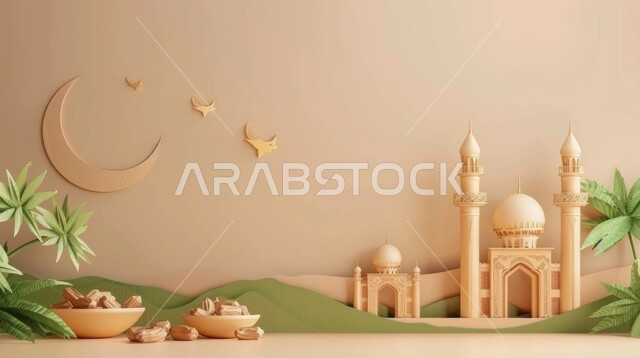 مفهوم العبادة والتقرب إلى الله تعالى، زينة الاعياد والمناسبات الدينية، تصاميم توضيحية ثلاثية الابعاد للمآذن والقبب للمساجد الإسلامية مع حبات التمر، الديكورات والتصاميم الهندسية المميزة في رمضان المبارك، قدوم شهر الخير, خلفية بيج
