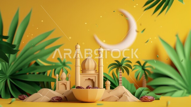 زينة الاعياد والمناسبات الدينية، تصاميم توضيحية ثلاثية الابعاد للمآذن والقبب للمساجد الإسلامية مع حبات التمر، الديكورات والتصاميم الهندسية المميزة في رمضان المبارك، قدوم شهر الخير, مفهوم العبادة والتقرب إلى الله تعالى، خلفية صفراء
