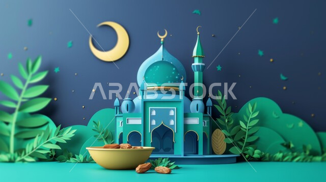 مفهوم العبادة والتقرب إلى الله تعالى، زينة الاعياد والمناسبات الدينية، تصاميم توضيحية ثلاثية الابعاد للمآذن والقبب للمساجد الإسلامية مع حبات التمر، الديكورات والتصاميم الهندسية المميزة في رمضان المبارك، قدوم شهر الخير, خلفية زرقاء