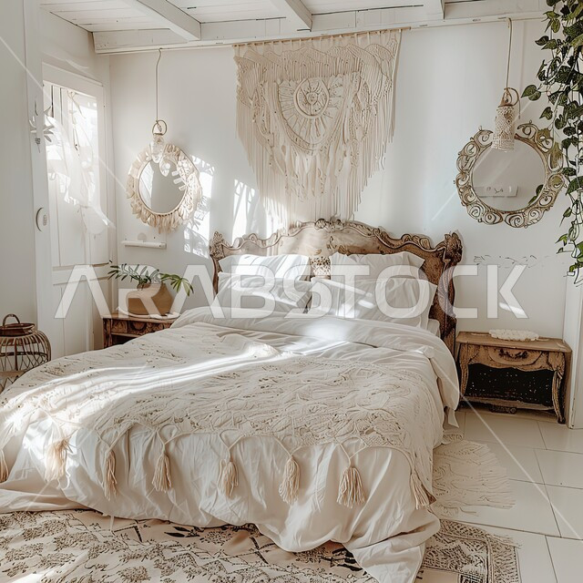 فن الهندسة المعمارية والديكور في الفلل والشقق السكنية، غرفة نوم بتصميم أنيق، أثاث منزلي راقي باللون الابيض، غرف بتصاميم داخلية عصرية فاخرة، سرير كبير ومريح مع وسائد، إكسسوارات وتحف عصرية