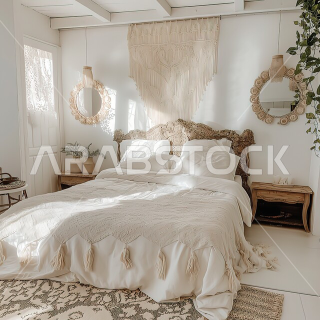 غرفة نوم بتصميم أنيق، فن الهندسة المعمارية والديكور في الفلل والشقق السكنية، أثاث منزلي راقي باللون الابيض، غرف بتصاميم داخلية عصرية فاخرة، سرير كبير ومريح مع وسائد، إكسسوارات وتحف عصرية