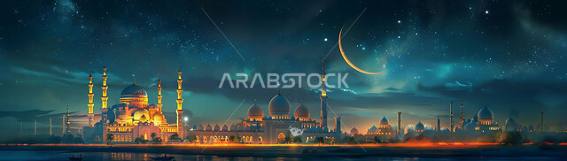 العبادة والتقرب إلى الله تعالى، تصاميم توضيحية ثلاثية الابعاد للمآذن والقبب المزخرفه للمساجد الإسلامية، الديكورات والتصاميم الهندسية المميزة في رمضان المبارك، زينة الاعياد والمناسبات الدينية