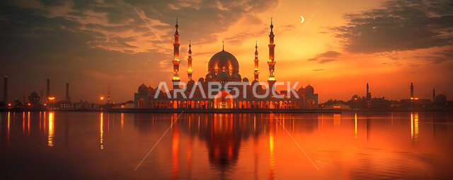العبادة والتقرب إلى الله تعالى، تصاميم توضيحية ثلاثية الابعاد للمآذن والقبب المزخرفه للمساجد الإسلامية، الديكورات والتصاميم الهندسية المميزة في رمضان المبارك، زينة الاعياد والمناسبات الدينية