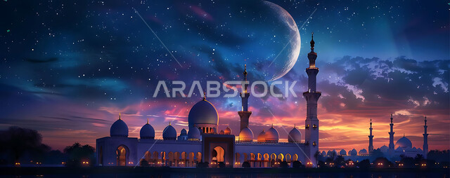 العبادة والتقرب إلى الله تعالى، تصاميم توضيحية ثلاثية الابعاد للمآذن والقبب المزخرفه للمساجد الإسلامية، الديكورات والتصاميم الهندسية المميزة في رمضان المبارك، زينة الاعياد والمناسبات الدينية