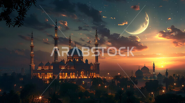 العبادة والتقرب إلى الله تعالى، تصاميم توضيحية ثلاثية الابعاد للمآذن والقبب المزخرفه للمساجد الإسلامية، الديكورات والتصاميم الهندسية المميزة في رمضان المبارك، زينة الاعياد والمناسبات الدينية