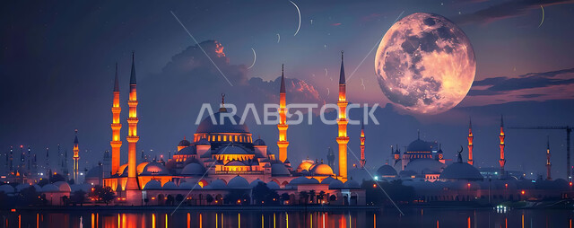 العبادة والتقرب إلى الله تعالى، تصاميم توضيحية ثلاثية الابعاد للمآذن والقبب المزخرفه للمساجد الإسلامية، الديكورات والتصاميم الهندسية المميزة في رمضان المبارك، زينة الاعياد والمناسبات الدينية