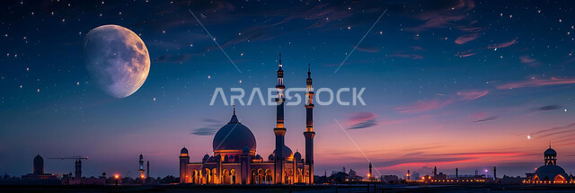 العبادة والتقرب إلى الله تعالى، تصاميم توضيحية ثلاثية الابعاد للمآذن والقبب المزخرفه للمساجد الإسلامية، الديكورات والتصاميم الهندسية المميزة في رمضان المبارك، زينة الاعياد والمناسبات الدينية