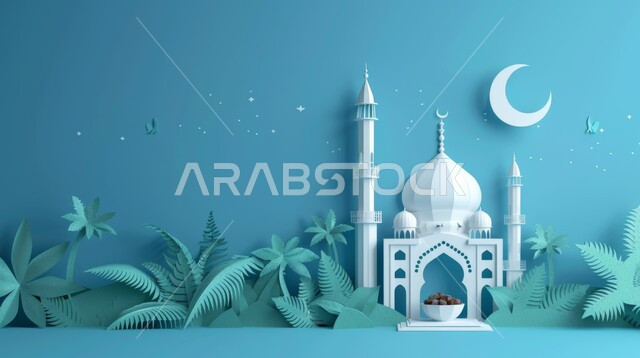 تصاميم توضيحية ثلاثية الابعاد للمآذن والقبب للمساجد الإسلامية مع حبات التمر، الديكورات الهندسية المميزة في رمضان المبارك، مفهوم العبادة والتقرب إلى الله تعالى، زينة الاعياد والمناسبات الدينية، قدوم شهر الخير, خلفية زرقاء