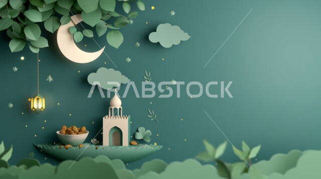زينة الاعياد والمناسبات الدينية، مفهوم العبادة والتقرب إلى الله تعالى، تصاميم توضيحية ثلاثية الابعاد للمآذن والقبب للمساجد الإسلامية مع حبات التمر، الديكورات والتصاميم الهندسية المميزة في رمضان المبارك، قدوم شهر الخير, خلفية خضراء