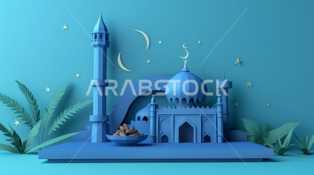الديكورات الهندسية المميزة في رمضان المبارك، مفهوم العبادة والتقرب إلى الله تعالى، زينة الاعياد والمناسبات الدينية، تصاميم توضيحية ثلاثية الابعاد للمآذن والقبب للمساجد الإسلامية مع حبات التمر، قدوم شهر الخير, خلفية زرقاء