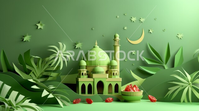 زينة الاعياد والمناسبات الدينية، مفهوم العبادة والتقرب إلى الله تعالى، تصاميم توضيحية ثلاثية الابعاد للمآذن والقبب للمساجد الإسلامية مع حبات التمر، الديكورات والتصاميم الهندسية المميزة في رمضان المبارك، قدوم شهر الخير, خلفية خضراء
