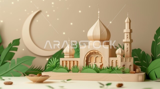 الاستعداد لقدوم شهر الخير, تصاميم توضيحية ثلاثية الابعاد للمآذن والقبب للمساجد الإسلامية مع حبات التمر، الديكورات والتصاميم الهندسية المميزة في رمضان المبارك، زينة الاعياد والمناسبات الدينية، مفهوم العبادة والتقرب إلى الله تعالى، خلفية بيج