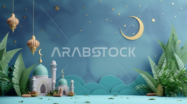الديكورات الهندسية المميزة في رمضان المبارك، مفهوم العبادة والتقرب إلى الله تعالى، زينة الاعياد والمناسبات الدينية، تصاميم توضيحية ثلاثية الابعاد للمآذن والقبب للمساجد الإسلامية مع حبات التمر، قدوم شهر الخير, خلفية زرقاء