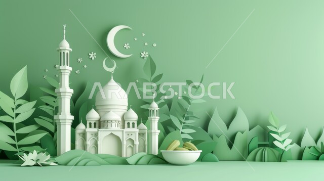 زينة الاعياد والمناسبات الدينية، مفهوم العبادة والتقرب إلى الله تعالى، تصاميم توضيحية ثلاثية الابعاد للمآذن والقبب للمساجد الإسلامية مع حبات التمر، الديكورات والتصاميم الهندسية المميزة في رمضان المبارك، قدوم شهر الخير, خلفية خضراء