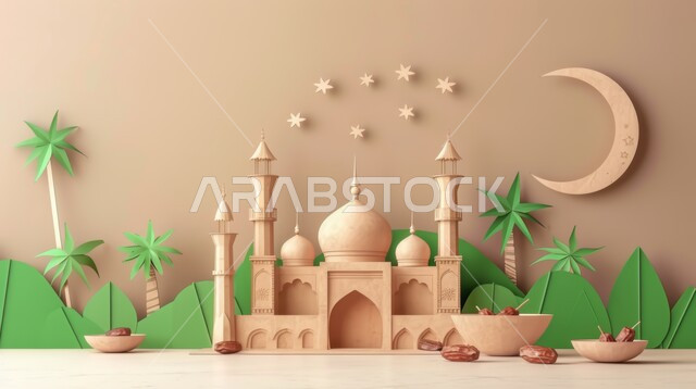 الاستعداد لقدوم شهر الخير, تصاميم توضيحية ثلاثية الابعاد للمآذن والقبب للمساجد الإسلامية مع حبات التمر، الديكورات والتصاميم الهندسية المميزة في رمضان المبارك، زينة الاعياد والمناسبات الدينية، مفهوم العبادة والتقرب إلى الله تعالى، خلفية بيج