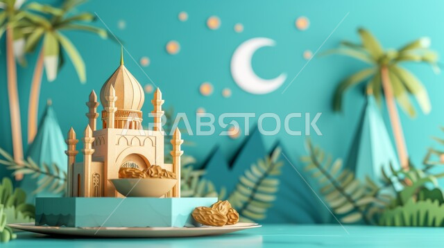 مفهوم العبادة والتقرب إلى الله تعالى، زينة الاعياد والمناسبات الدينية، تصاميم توضيحية ثلاثية الابعاد للمآذن والقبب للمساجد الإسلامية مع حبات التمر، الديكورات والتصاميم الهندسية المميزة في رمضان المبارك، قدوم شهر الخير, خلفية  خضراء
