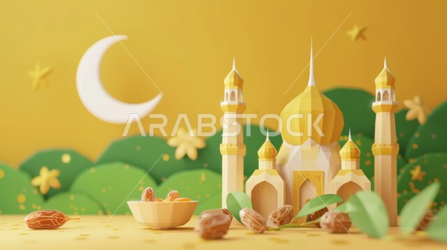 تصاميم توضيحية ثلاثية الابعاد للمآذن والقبب للمساجد الإسلامية مع حبات التمر، الديكورات والتصاميم الهندسية المميزة في رمضان المبارك، زينة الاعياد والمناسبات الدينية، قدوم شهر الخير, مفهوم العبادة والتقرب إلى الله تعالى، خلفية صفراء